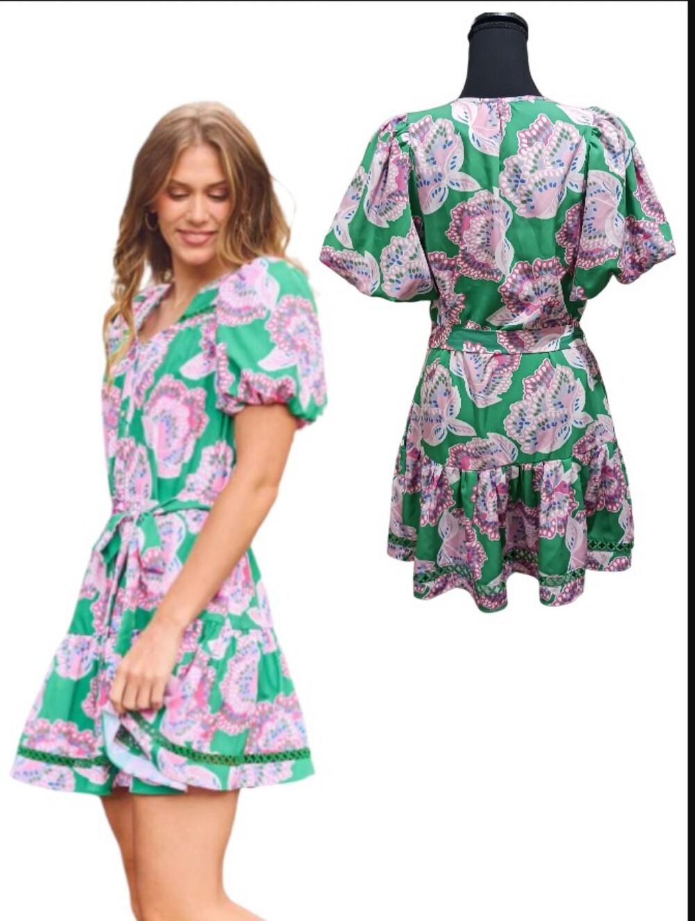 Mary Square Addison Bubble Sleeve Dress Lattice Trim - Picture 2 of 11